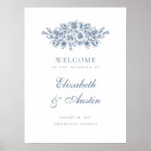 Floral Elegant Botanisch Blauw Bruiloft Welkomstbo Poster (Voorkant)