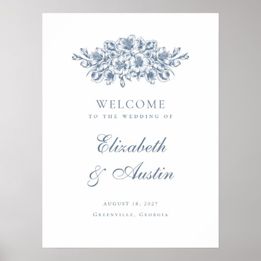 Floral Elegant Botanisch Blauw Bruiloft Welkomstbo Poster (Voorkant)