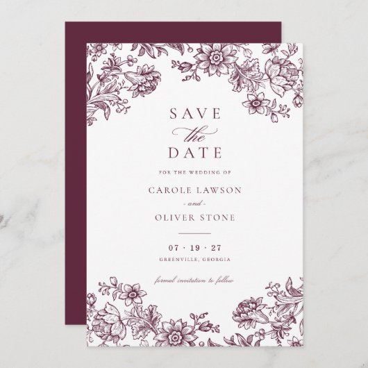 Floral Elegant  Bourgogne Save the Date Kaart (Voorkant / Achterkant)