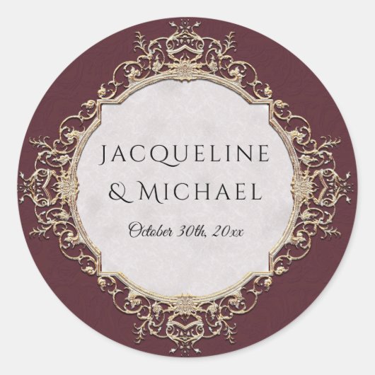 Floral Elegant  Bourgondië n Gouden Bruiloft Ronde Sticker (Voorkant)