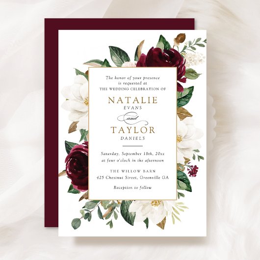Floral Elegant Burgundy Magnolia Greenery Lijst Kaart