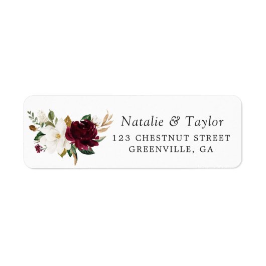 Floral Elegant Burgundy Magnolia Greenery Wedding Etiket (Voorkant)