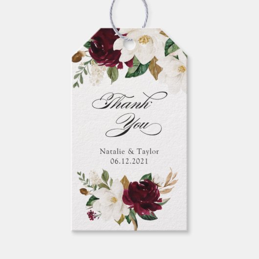 Floral Elegant Burgundy White Magnolia Wedding Cadeaulabel (Voorkant)