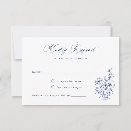 Floral Elegant Calligrafie Script Rozen Blauw RSVP Kaart (Voorkant)