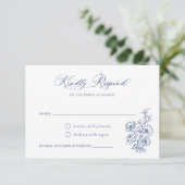 Floral Elegant Calligrafie Script Rozen Blauw RSVP Kaart (Staand voorkant)