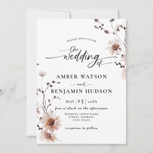 Floral Elegant Calligraphy Dried Flowers Wedding Kaart (Voorkant)
