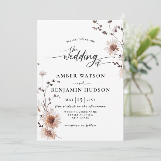 Floral Elegant Calligraphy Dried Flowers Wedding Kaart (Staand voorkant)