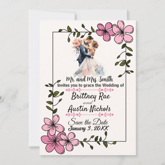 Floral Elegant Couple Wedding Invitation Kaart (Voorkant)