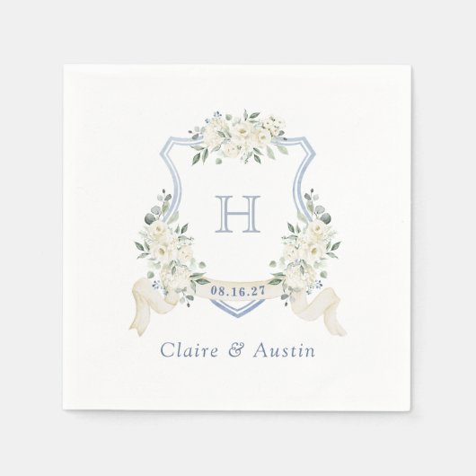 Floral Elegant Crest Dusty Blue Wedding Monogram Servet (Voorkant)