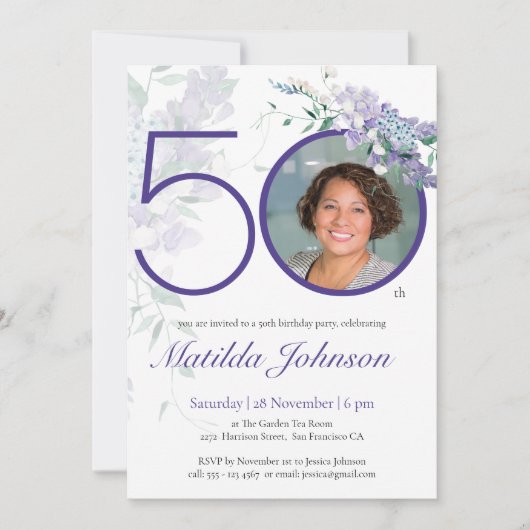 Floral Elegant Custom Paarse Foto 50e Verjaardag Kaart (Voorkant)