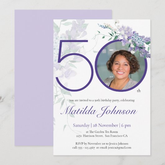 Floral Elegant Custom Paarse Foto 50e Verjaardag Kaart (Voorkant / Achterkant)