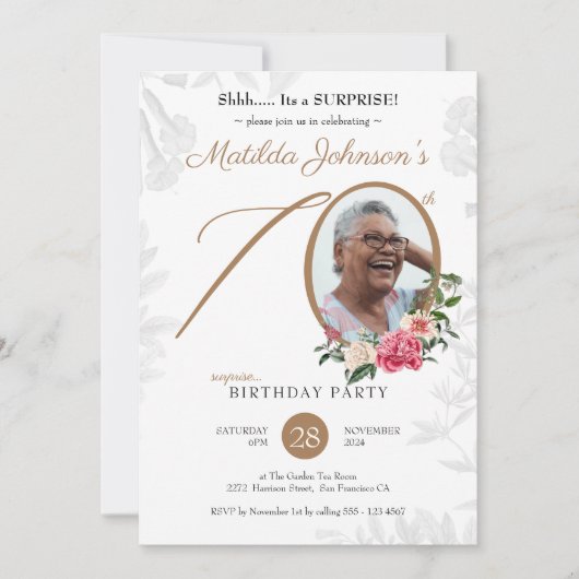 Floral Elegant Custom Photo Surprise 70e verjaarda Kaart (Voorkant)