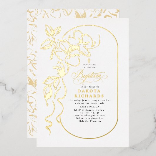 Floral Elegant Doopsel Goud Folie Uitnodiging (Voorkant / Achterkant)