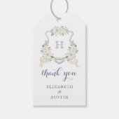 Floral Elegant Dusty Blue Crest Bruiloft Dank u Cadeaulabel (Voorkant)