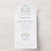Floral Elegant Dusty Blue Crest Greenery Wedding All In One Uitnodiging (Binnen)