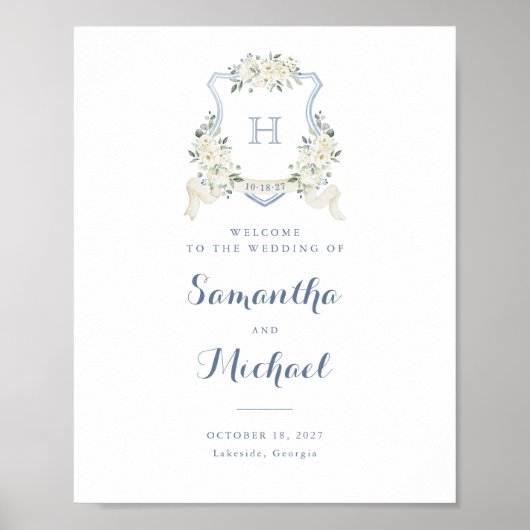 Floral Elegant Dusty Blue Crest Welcome Sign Poster (Voorkant)
