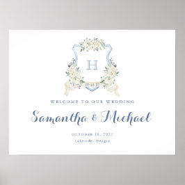 Floral Elegant Dusty Blue Crest Welcome Sign Poster