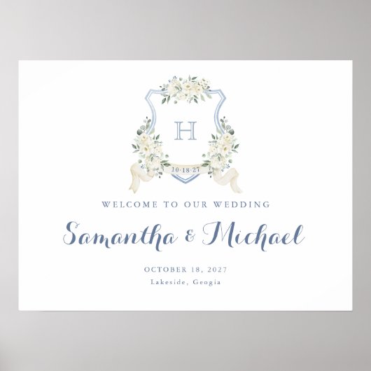 Floral Elegant Dusty Blue Crest Welcome Sign Poster (Voorkant)