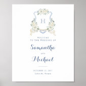 Floral Elegant Dusty Blue Crest Welkomstbord Poster (Voorkant)