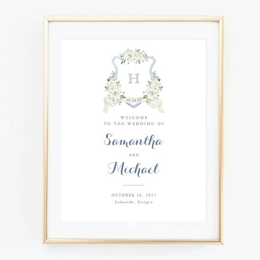 Floral Elegant Dusty Blue Crest Welkomstbord Poster