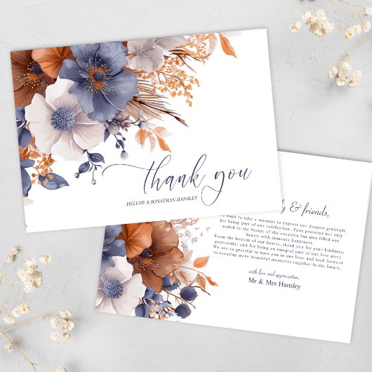Floral Elegant Dusty Blue Rust Wedding Bedankkaart