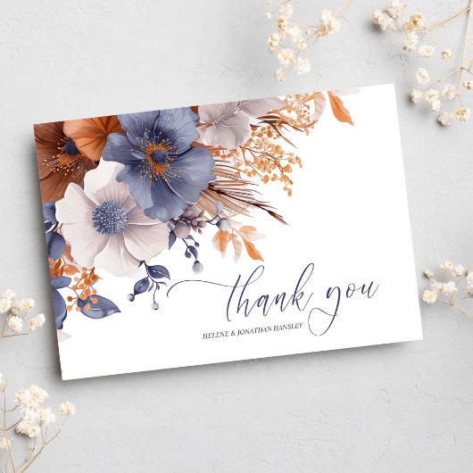 Floral Elegant Dusty Blue Rust Wedding Bedankkaart