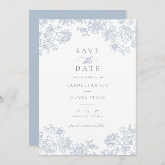 Floral Elegant  Dusty Blue Save the Date Kaart (Voorkant / Achterkant)