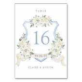 Floral Elegant Dusty Blue White Crest Table Number Kaart (Achterkant)