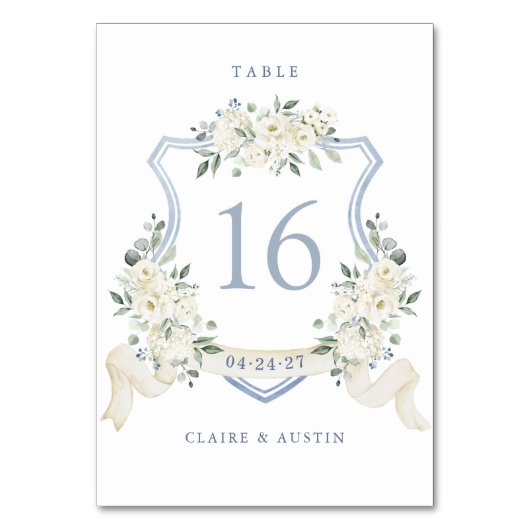 Floral Elegant Dusty Blue White Crest Table Number Kaart (Achterkant)