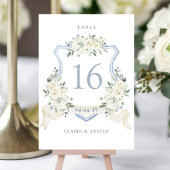 Floral Elegant Dusty Blue White Crest Table Number Kaart