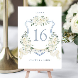 Floral Elegant Dusty Blue White Crest Table Number Kaart