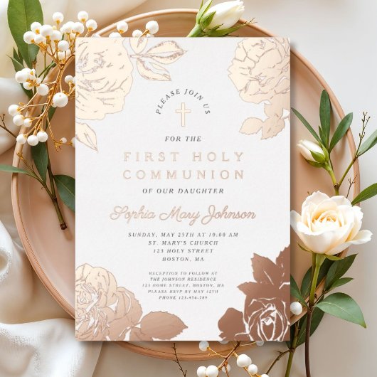 Floral Elegant First Community Roos Gold Folie Uitnodiging