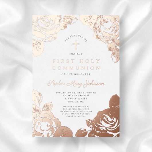Floral Elegant First Community Roos Gold Folie Uitnodiging