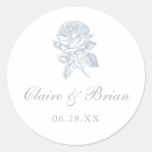 Floral Elegant  Frans Rozen Blauw Bruiloft Ronde Sticker (Voorkant)