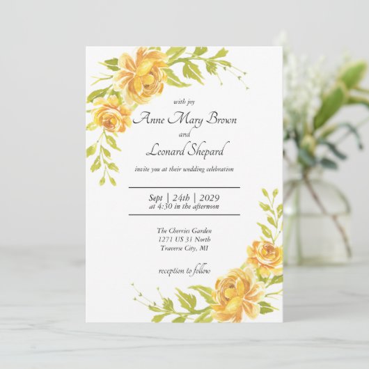 Floral, Elegant Geel en Oranje Roos Weddenschap Kaart (Staand voorkant)