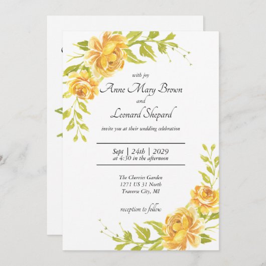 Floral, Elegant Geel en Oranje Roos Weddenschap Kaart (Voorkant / Achterkant)