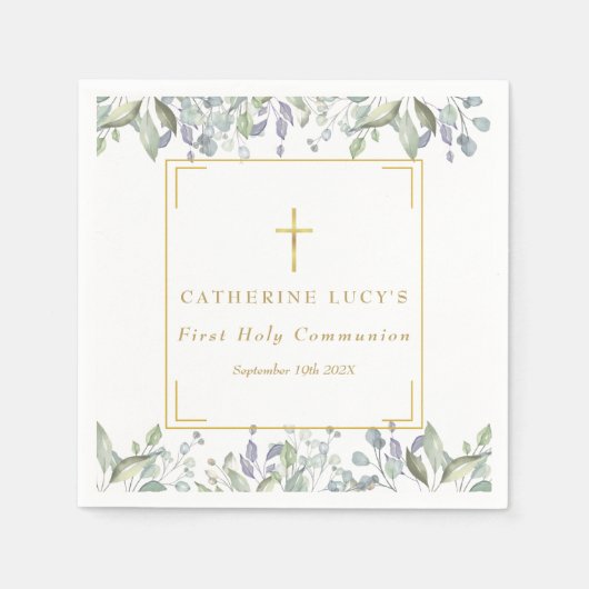 Floral Elegant Gold Cross First Heilige Communie Servet (Voorkant)