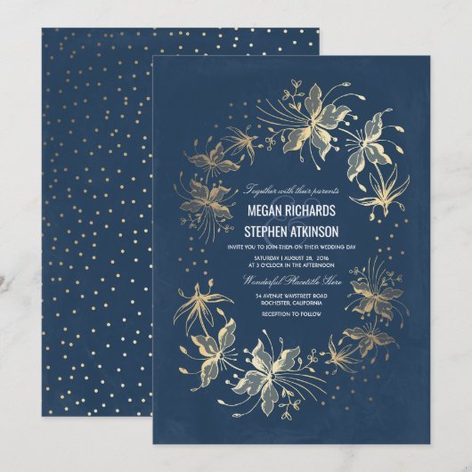 Floral Elegant Goud en Marine Trouwen Kaart (Voorkant / Achterkant)