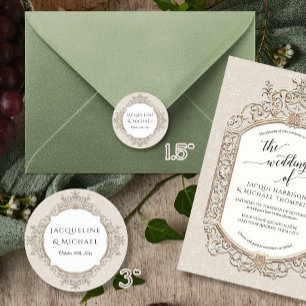 Floral Elegant  Ivoor Ecrun Goud Bruiloft Ronde Sticker