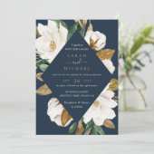 Floral Elegant Magnolia Beige Navy Bruiloft Kaart (Staand voorkant)