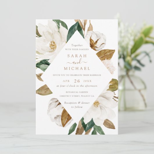 Floral Elegant Magnolia Beige Neutral Wedding Kaart (Staand voorkant)