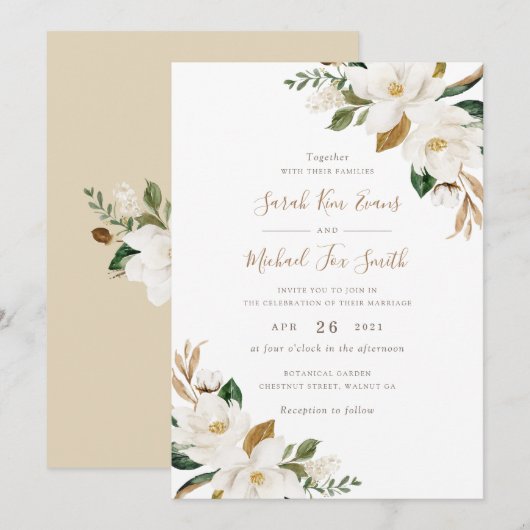 Floral Elegant Magnolia Beige Neutral Wedding Kaart (Voorkant / Achterkant)