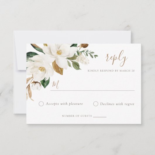 Floral Elegant Magnolia Blush Neutral Wedding RSVP Kaart (Voorkant)