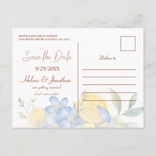 Floral Elegant Modern Citroen Bruiloft Aankondigingskaart (Achterkant)