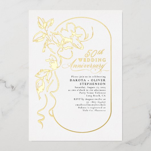 Floral Elegant Modern Wedding Jubileum Gold Folie Uitnodiging (Voorkant)
