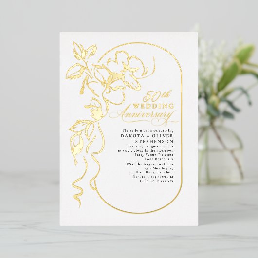 Floral Elegant Modern Wedding Jubileum Gold Folie Uitnodiging (Staand Voorkant)