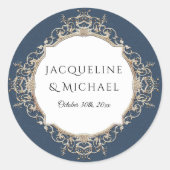 Floral Elegant  Navy Blauw en Gouden Bruiloft Ronde Sticker (Voorkant)