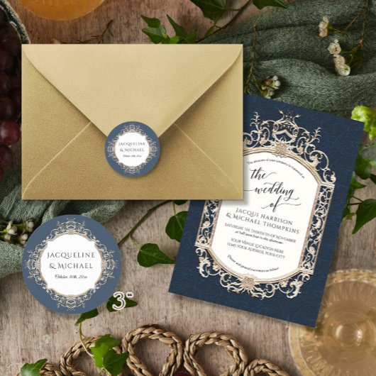 Floral Elegant  Navy Blauw en Gouden Bruiloft Ronde Sticker