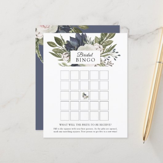 Floral Elegant Navy Blue Bridal Bingo (Voorkant / Achterkant in situ)