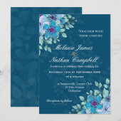 Floral Elegant Navy Blue en Light Blue Waterverf Kaart (Voorkant / Achterkant)
